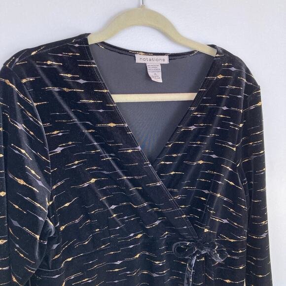 Vintage Womens L Black Velvet Metallic Babydoll Asymmetric Top Holiday Glam - Picture 3 of 7